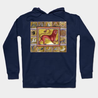 MEDIEVAL BESTIARY,LEOPARD, FANTASTIC ANIMALS IN GOLD RED BLUE COLORS Hoodie